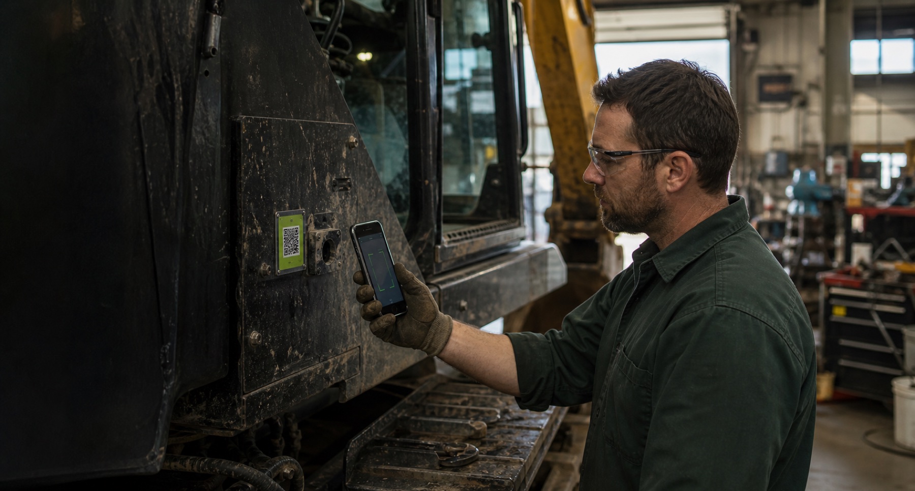 Mechanic using a phone to scan a QR label on heavy equipment